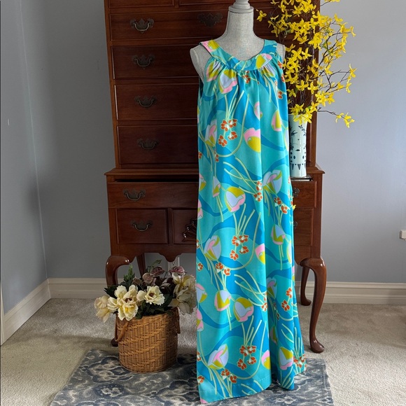 Vintage Anne Fogarty House Dress Mumu Lounge Caftan Bold Floral Mod MCM - Picture 3 of 12